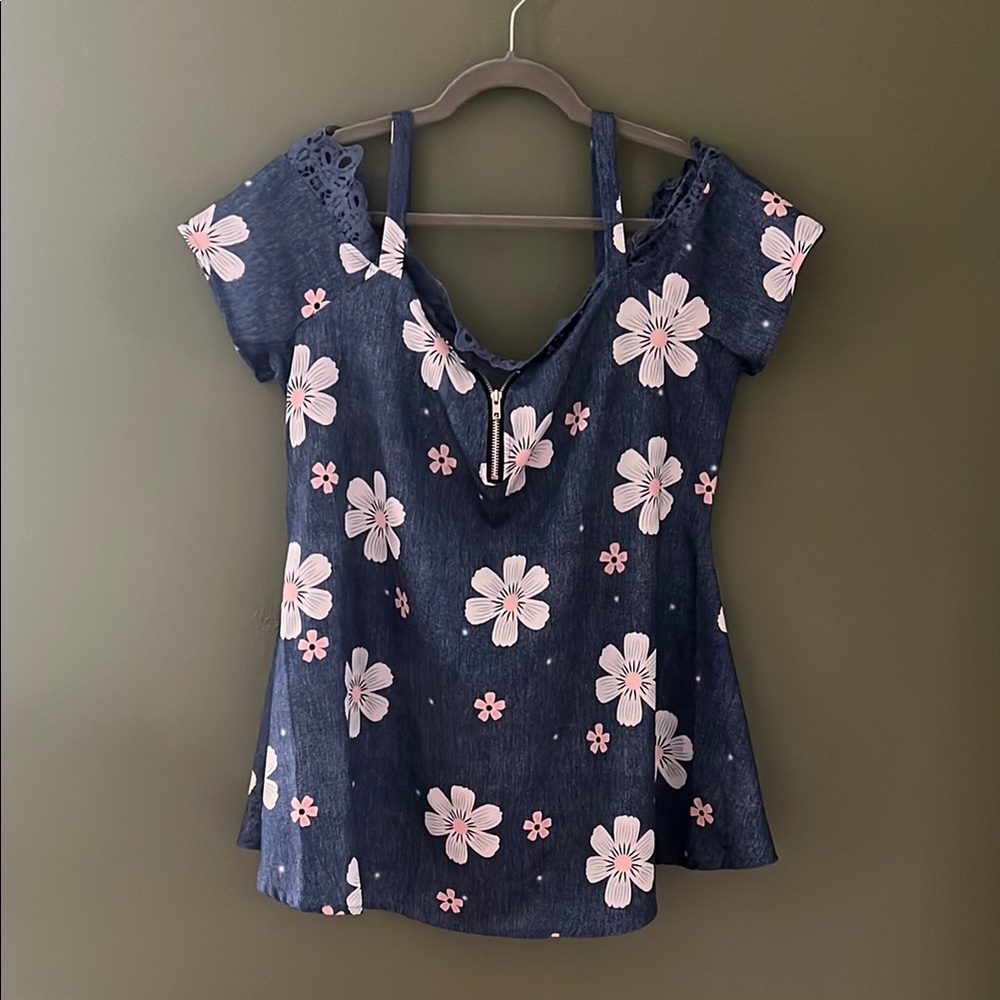 Floral Navy Blue Top with Pink Accents